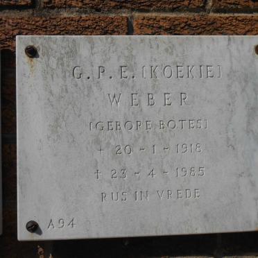 WEBER G.P.E. nee BOTES 1918-1985
