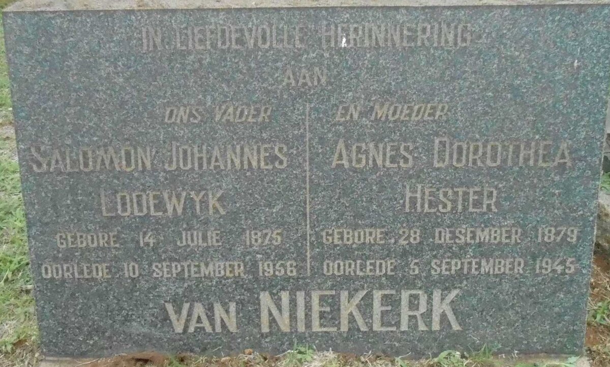 NIEKERK Salomon Johannes Lodewyk, van 1875-1956 &amp; Agnes Dorothea Hester 1879-1945