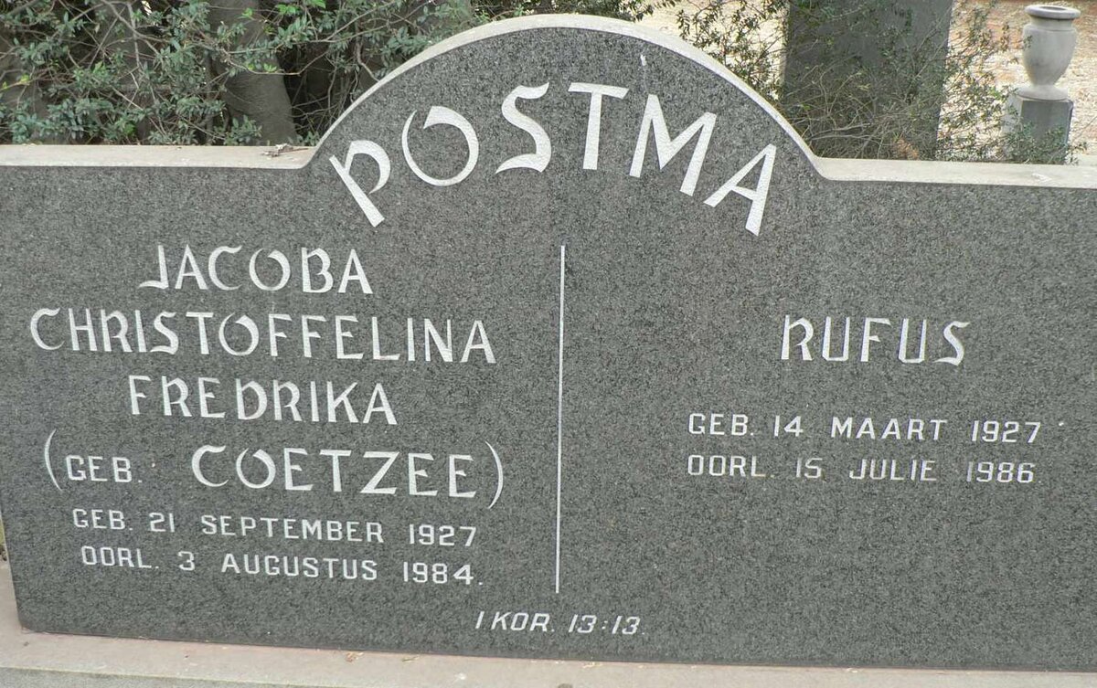 POSTMA Rufus 1924-1986 &amp; Jacoba Christoffelina Frederika COETZEE 1927-1984
