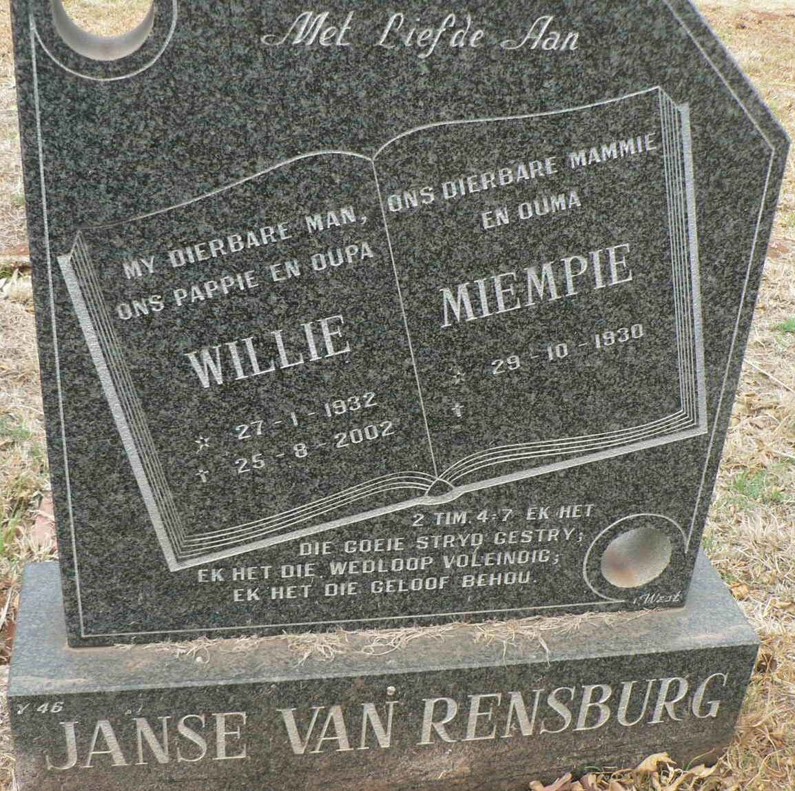 RENSBURG Willie, Janse van 1932-2002 &amp; Miempie 1930-