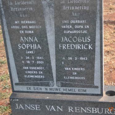 RENSBURG Jacobus Fredirick, Janse van 1943- &amp; Anna Sophia 1945-2001