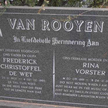 ROOYEN Frederick Christoffel de Wet, van 1907-1985 &amp; Rina VORSTER 1919-2000