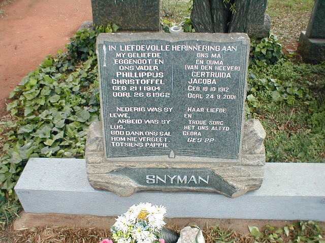 SNYMAN Phillippus Christoffel 1904-1962 &amp; Gertruida Jacoba VAN DEN HEEVER 1912-2001