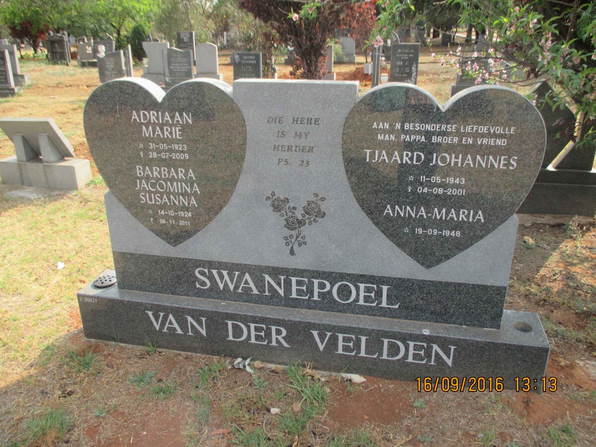VELDEN Adriaan Marié, van der 1923-2009 &amp; Barbara Jacomina Susanna 1924-2011 