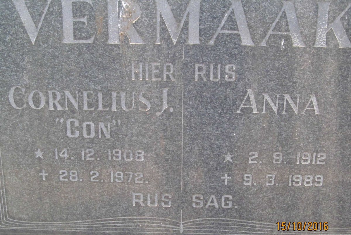 VERMAAK Cornelius J. 1908-1972 &amp; Anna 1912-1989