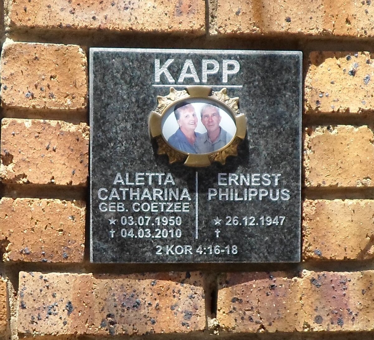 KAPP Ernest Philippus 1947- &amp; Aletta Catharina COETZEE 1950-2010