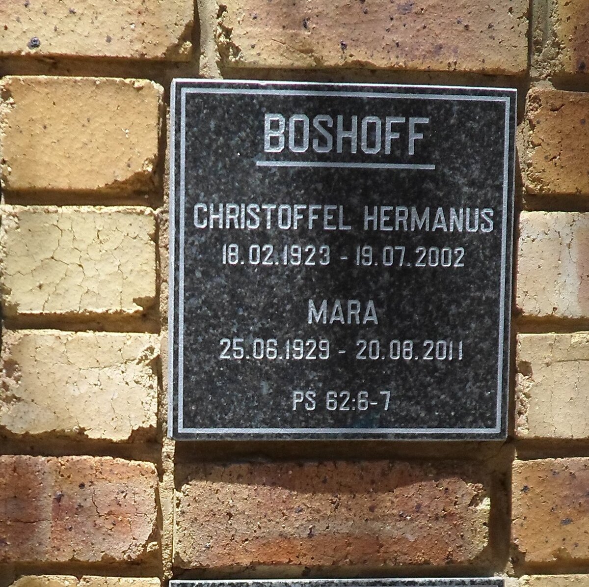 BOSHOFF Christoffel Hermanus 1923-2002 &amp; Mara 1929-2011