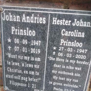 PRINSLOO Johan Andries 1947-2019 &amp; Hester Johanna Carolina 1947-2020