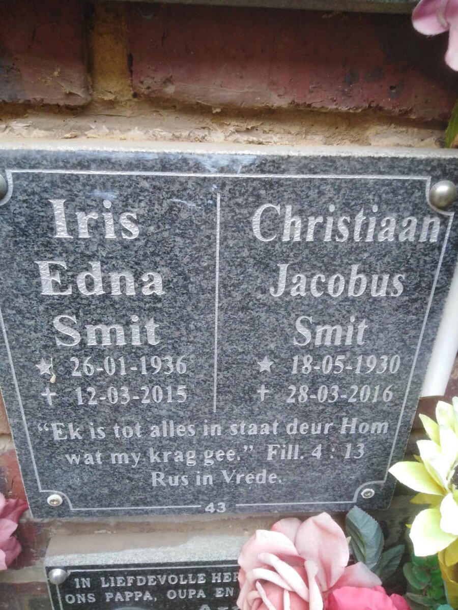 SMIT Christiaan Jacobus 1930-2016 &amp; Iris Edna 1936-2015