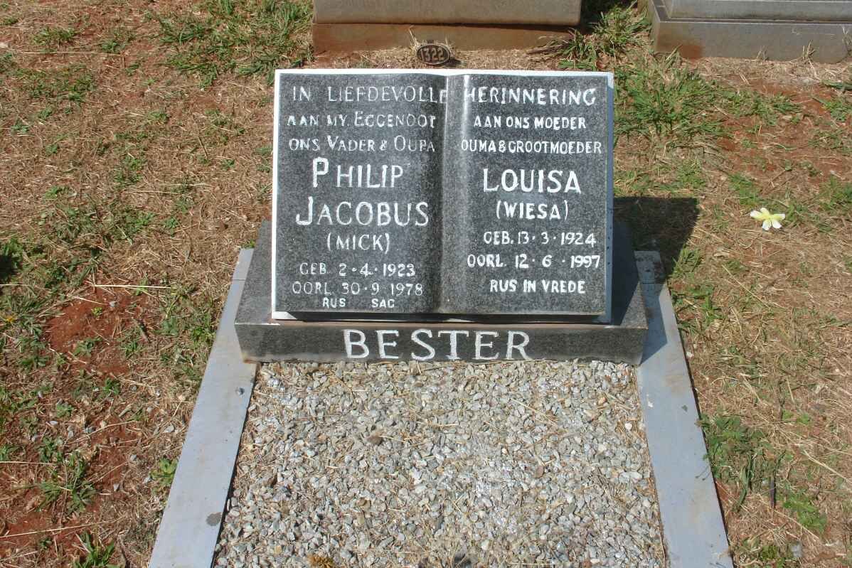 BESTER Philip Jacobus 1923-1978 &amp; Louisa WIESA 1924-1997