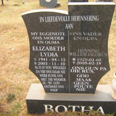 BOTHA Henning Willem Jacobus 1929-2005 &amp; Elizabeth Lydia 1941-2003