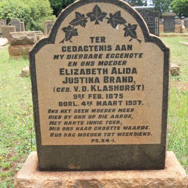 BRAND Elizabeth Alida Justina nee V.D. KLASHORST 1875-1937