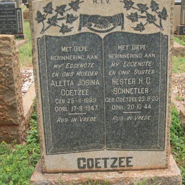 COETZEE Aletta Josina 1889-1947 :: SCHNETLER Hester H.C. nee COETZEE 1923-1944