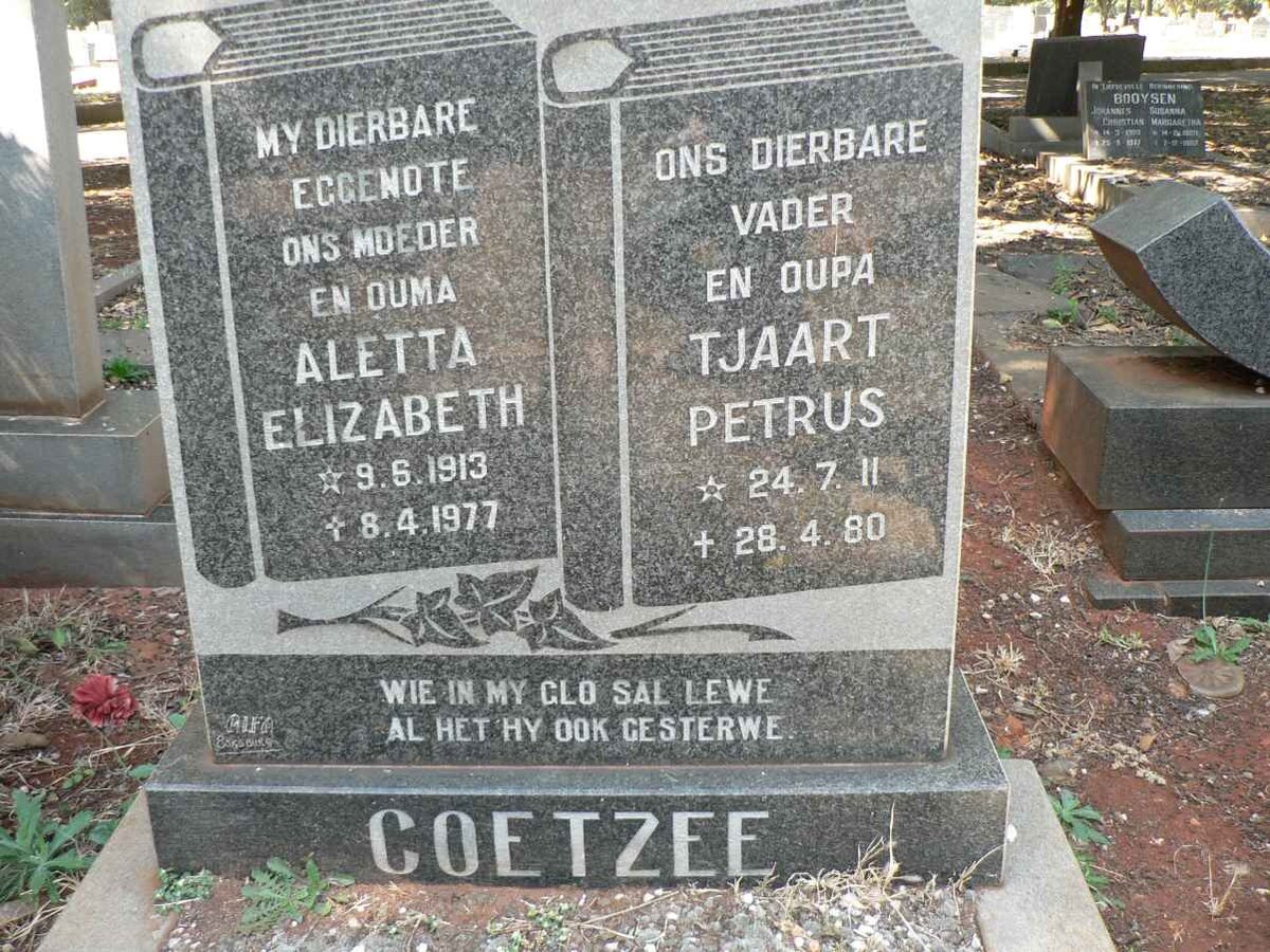 COETZEE Tjaart Petrus 1911-1980 &amp; Aletta Elizabeth 1913-1977