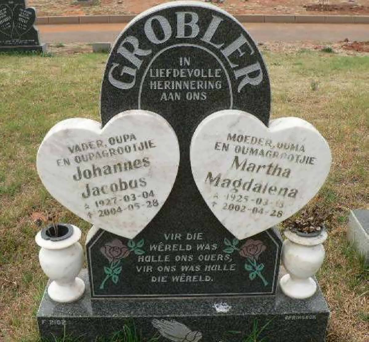 GROBLER Johannes Jacobus 1927-2004 &amp; Martha Magdalena 1925-2002