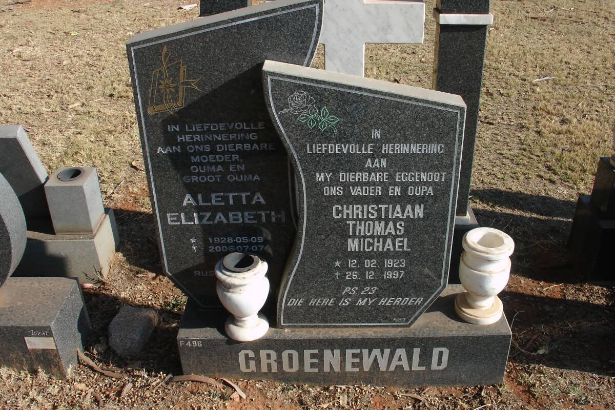 GROENEWALD Chritiaan Thomas Michael 1923-1997 &amp; Aletta Elizabeth 1928-2006