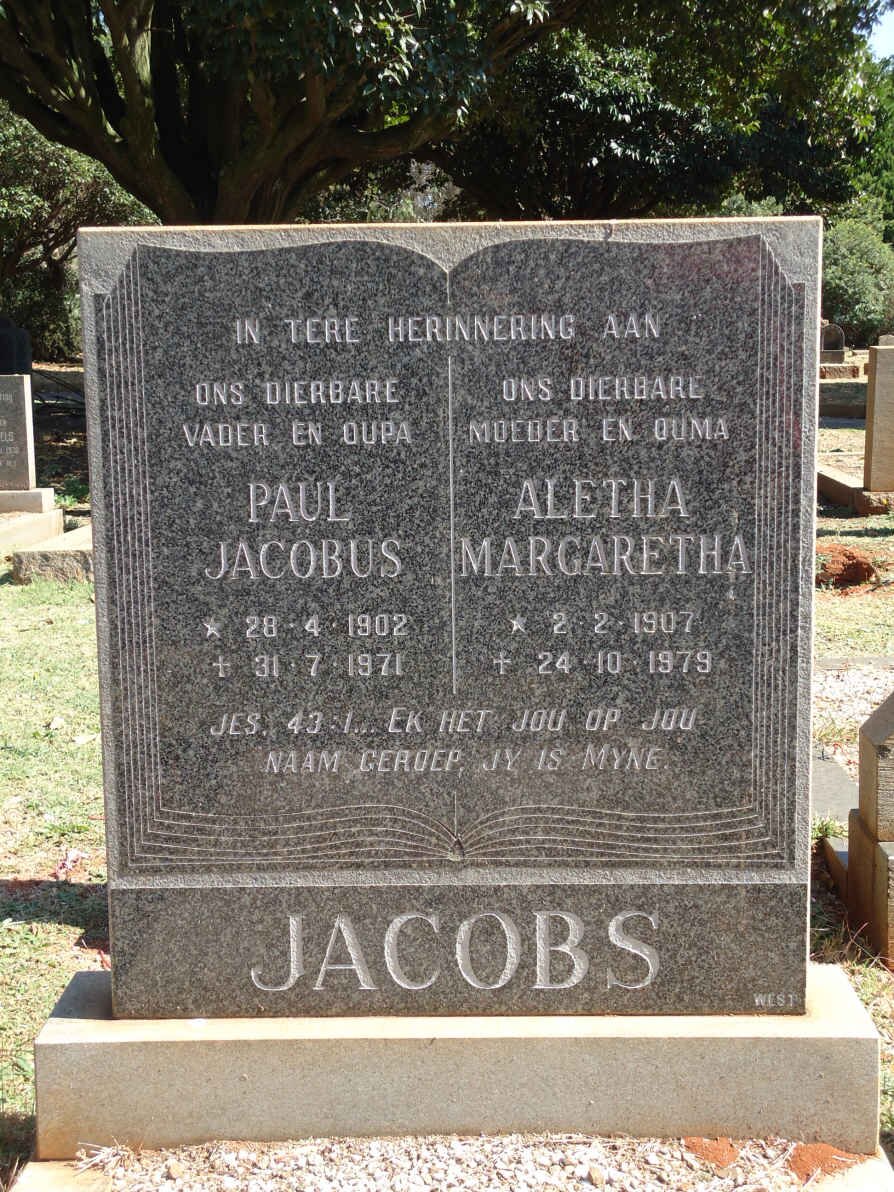 JACOBS Paul Jacobus 1902-1971 &amp; Aletha Margaretha 1907-1979