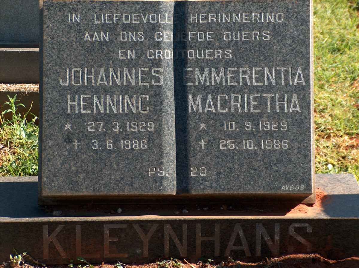 KLEYNHANS Johannes Henning 1929-1986 &amp; Emmerentia Magrietha 1929-1986