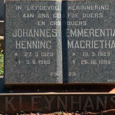 KLEYNHANS Johannes Henning 1929-1986 &amp; Emmerentia Magrietha 1929-1986