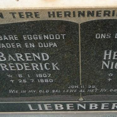 LIEBENBERG Barend Frederick 1907-1980 &amp; Hendrina Niclasina 1913-