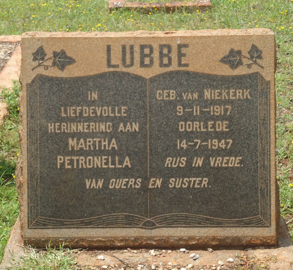 LUBBE Martha Petronella nee VAN NIEKERK 1917-1947