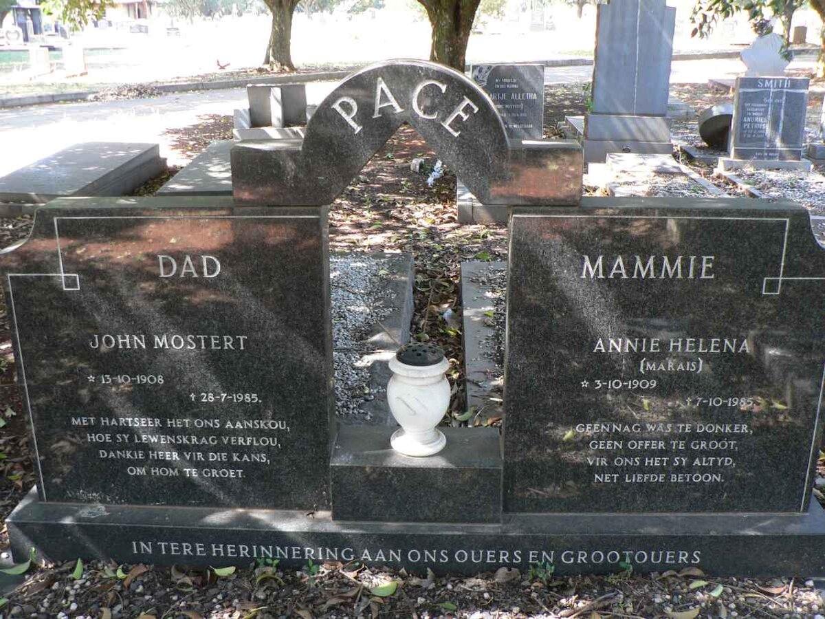 PACE John Mostert 1908-1985 &amp; Annie Helena MARAIS 1909-1985