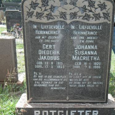 POTGIETER Gert Diederik Jakobus 1915-1958 &amp; Johanna Susanna Magrietha 1920-1986