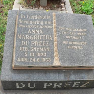 PREEZ Anna Margrietha, du nee SNYMAN 1893-1963