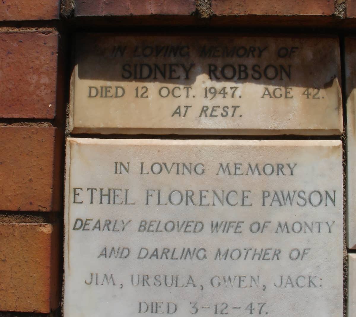 ROBSON Sidney -1947 :: PAWSON Ethel Florence -1947