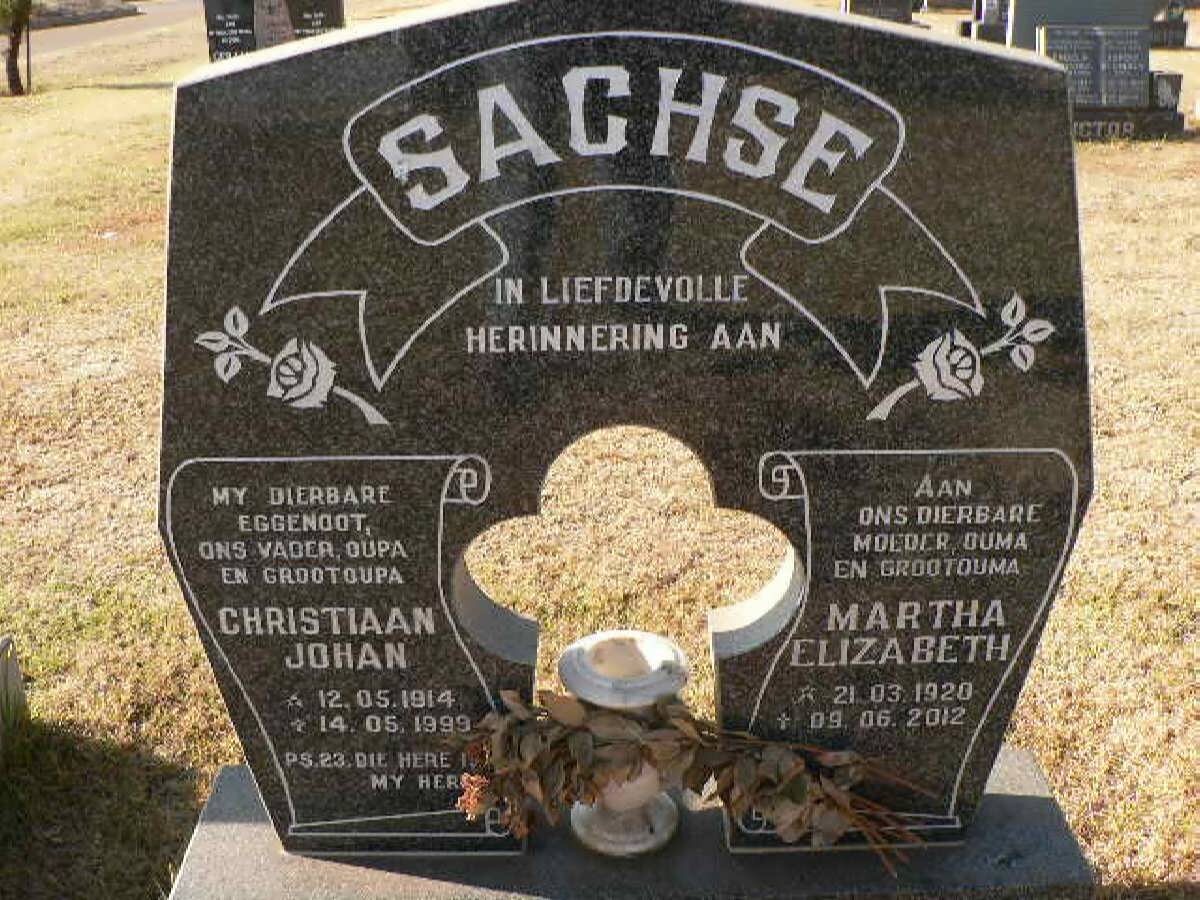 SACHSE Christiaan Johan 1914-1999 &amp; Martha Elizabeth 1920-2012