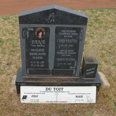 TOIT Johan, du 1928-2010 &amp; Marie 1933- :: DU TOIT Jana nee V.D BERG 1980-2005 :: VENTER Chris 1961- &amp; Marté 1922-