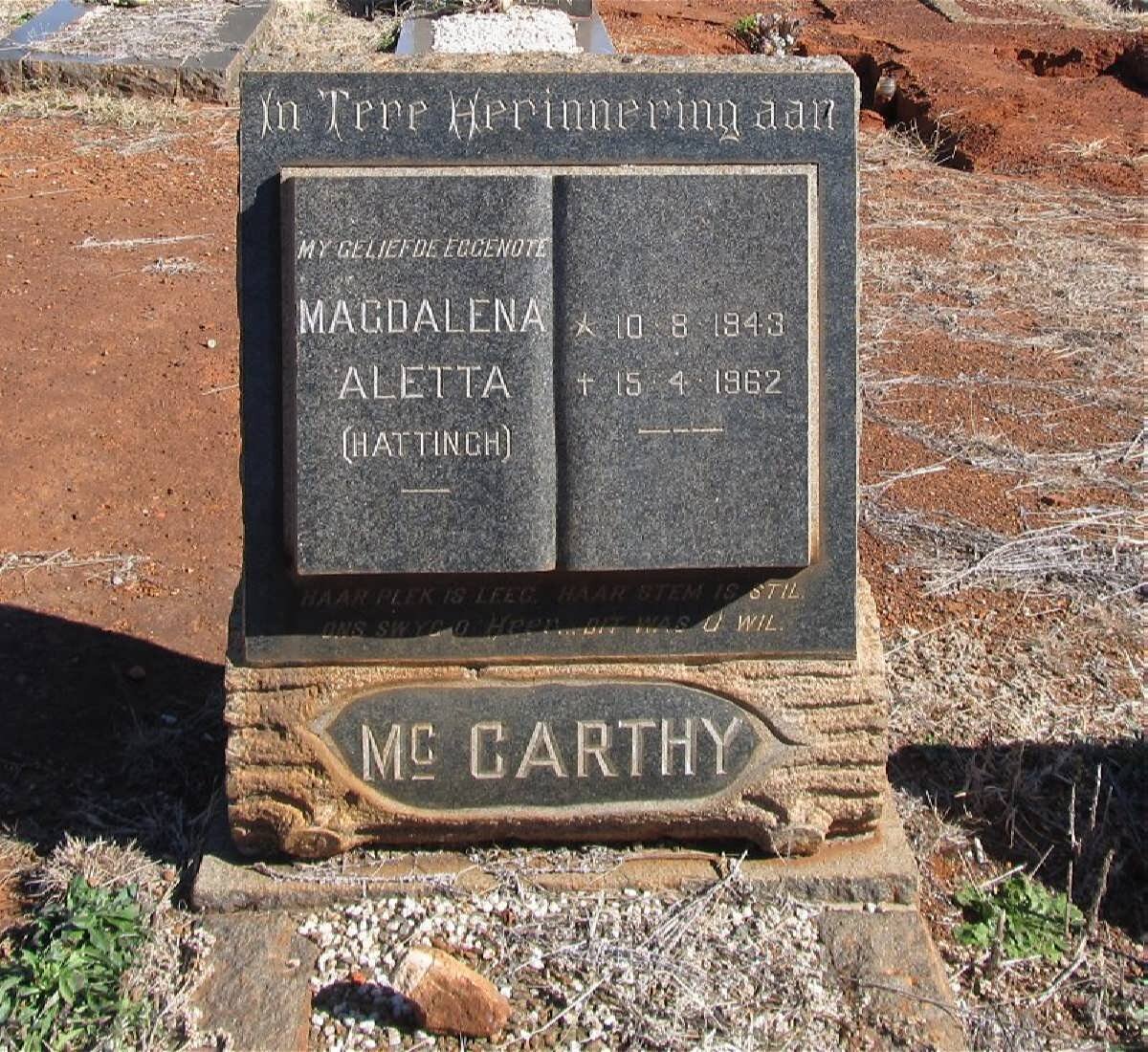 McCARTHY Magdalena Aletta nee HATTINGH 1943-1962