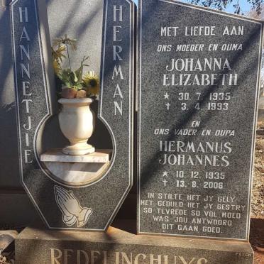 REDELINGHUYS Hermanus Johannes 1935-2006 &amp; Johanna Elizabeth 1935-1993