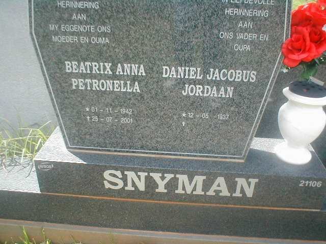 SNYMAN Daniel Jacobus Jordaan 1937-  &amp; Beatrix Anna Petronella 1942-2001