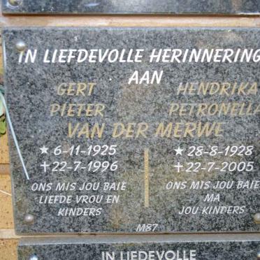 MERWE Gert Pieter, van der 1925-1996 &amp; Hendrika Petronella 1928-2005