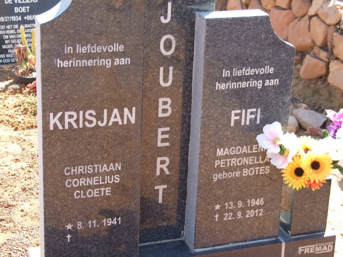 JOUBERT Christiaan Cornelius Cloete 1941 &amp; Magdalena Petronella BOTES 1946-2012