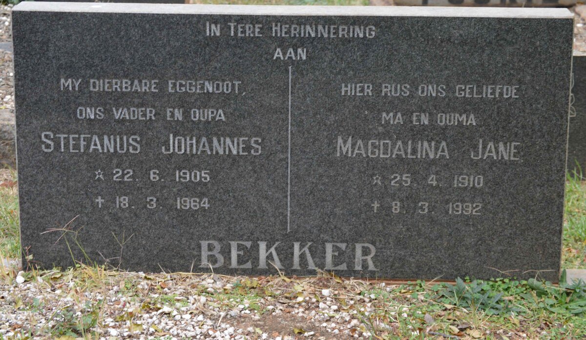 BEKKER Stefanus Johannes 1905-1964 &amp; Magdalina Jane 1910-1992