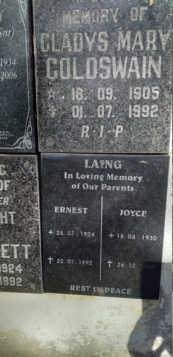 GOLDSWAIN Gladys Mary 1905-1992 :: LAING Ernest 1924-1992 & Joyce 1930-2004
