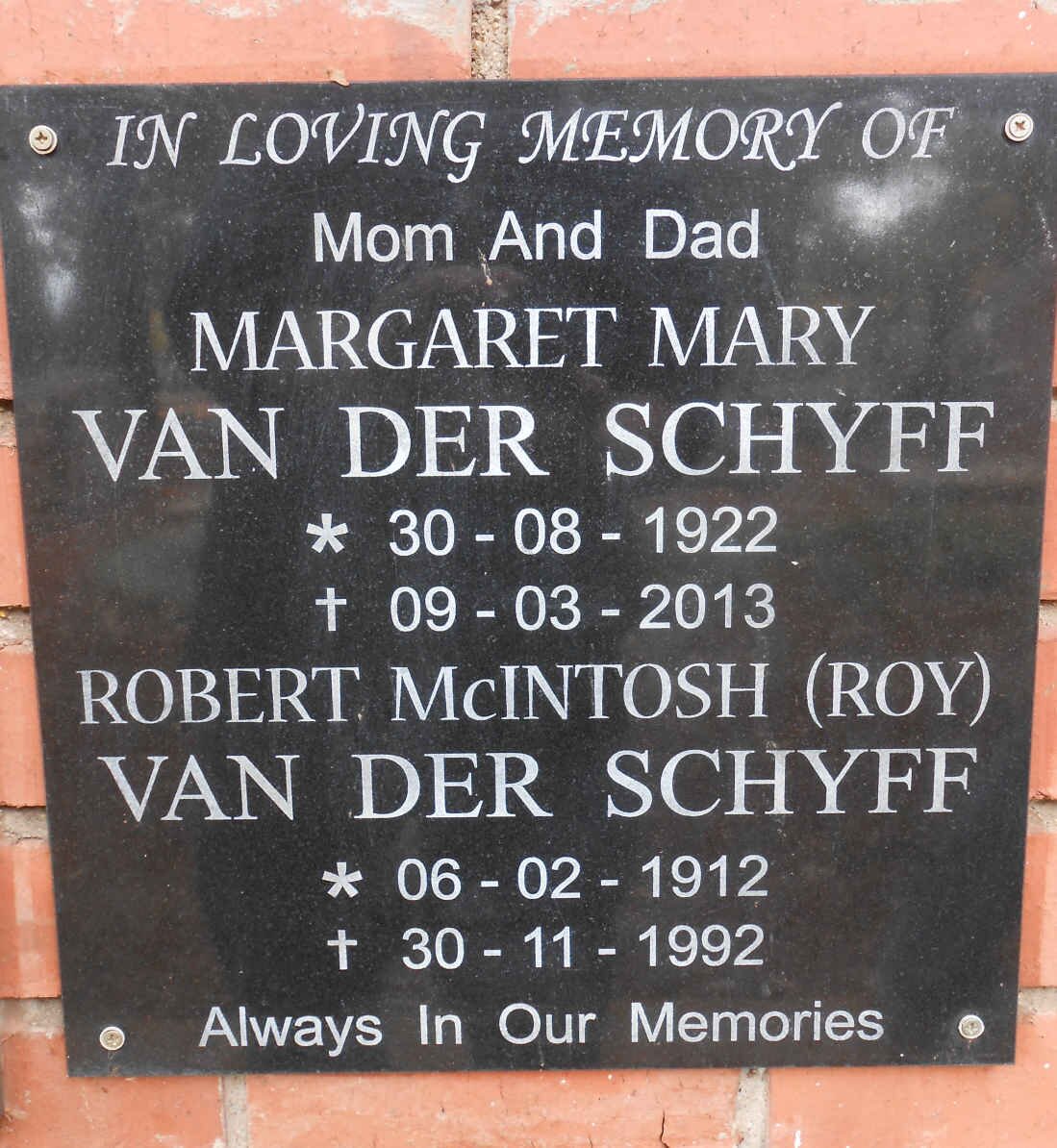 SCHYFF Robert McIntosh, van der 1912-1992 &amp; Margaret Mary 1922-2013