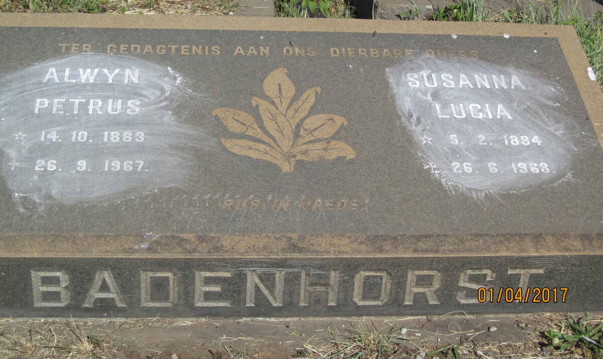 BADENHORST Alwyn Petrus 1883-1967 &amp; Susanna Lucia 1894-1968