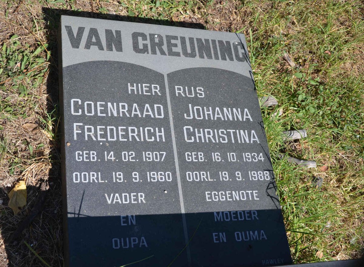 GREUNING Coenraad Frederich, van 1907-1960 &amp; Johanna Christina 1934-1988