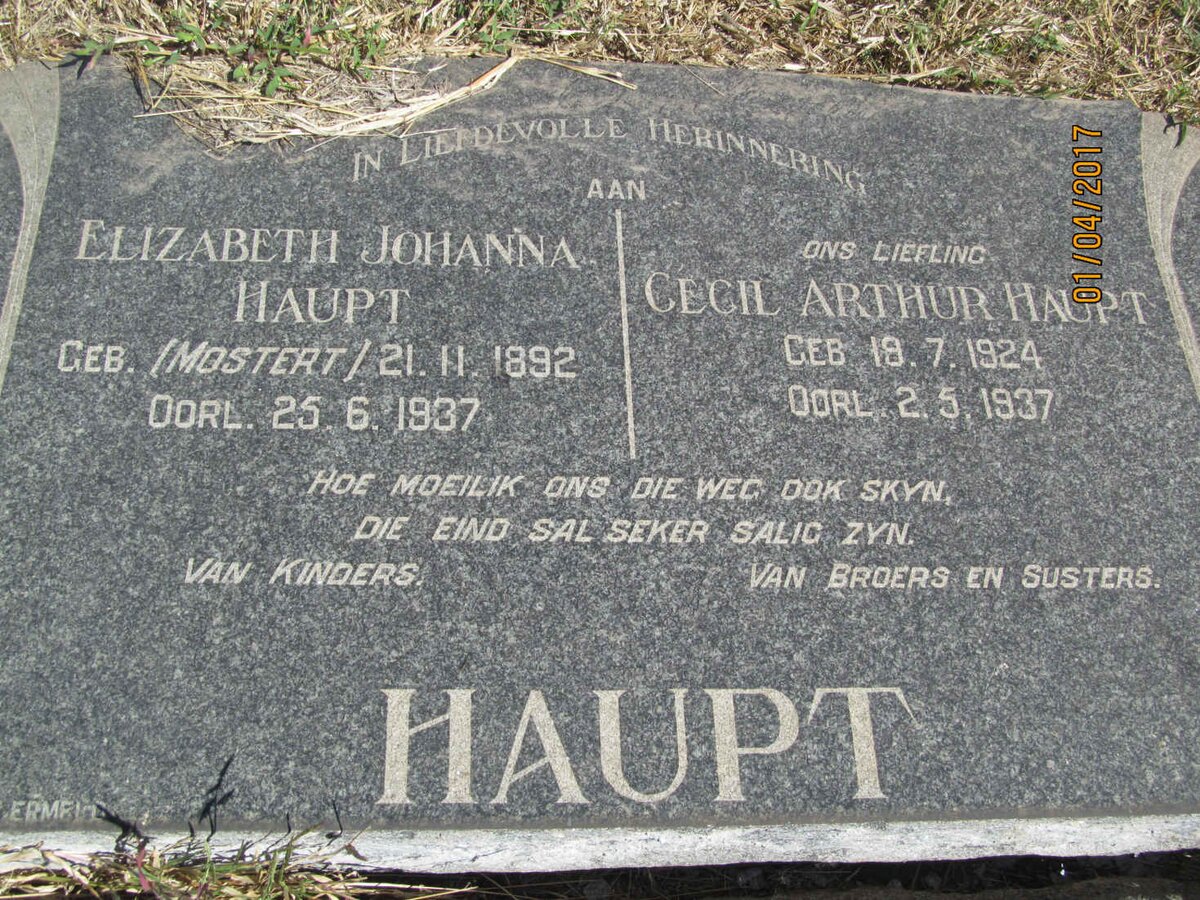 HAUPT Elizabeth Johanna nee MOSTERT 1892-1937 :: HAUPT Cecil Arthur 1924-1937