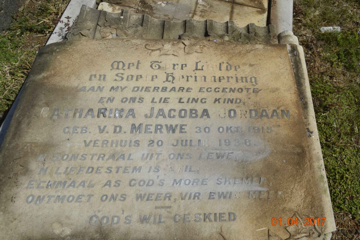 JORDAAN Catharina Jacoba nee V.D. MERWE 1915-1938