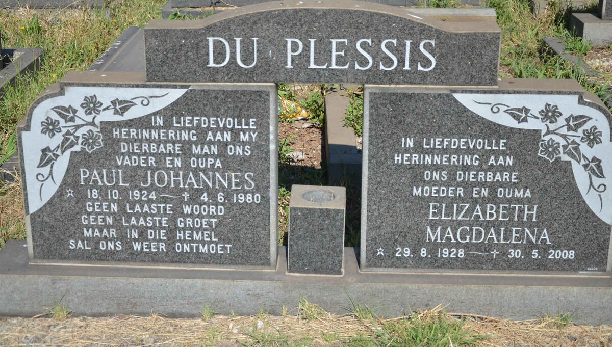 PLESSIS Paul Johannes, du 1924-1980 &amp; Elizabeth Magdalena 1928-2008