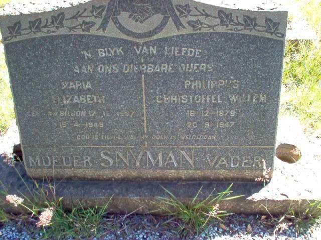 SNYMAN Philippus Christoffel Willem 1879-1947 &amp; Maria Elizabeth VAN BILJON 1887-1949