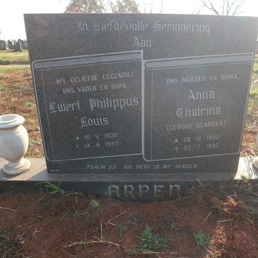 ARPEN Ewert Philippus Louis 1930-1987 &amp; Anna Chatrina SLABBERT 1922-1992