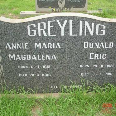 GREYLING Donald Eric 1925-2001 &amp; Annie Maria Magdalena 1919-1986