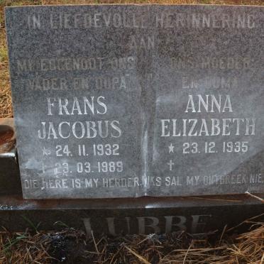 LUBBE Frans Jacobus 1932-1989 &amp; Anna Elizabeth 1935-