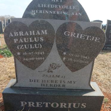 PRETORIUS Abraham Paulus 1945-2005 &amp; Grietje 1943-2018