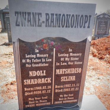 RAMOKONOPI Ndoli Shadrack, ZWANE 1940-2020 &amp; Matshidiso Selina 1952-2003